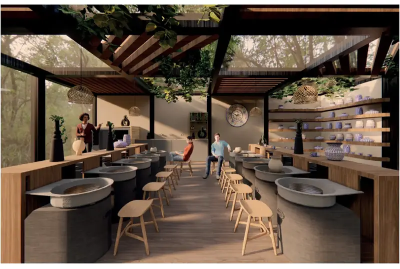 Workshop interior under timber pergola