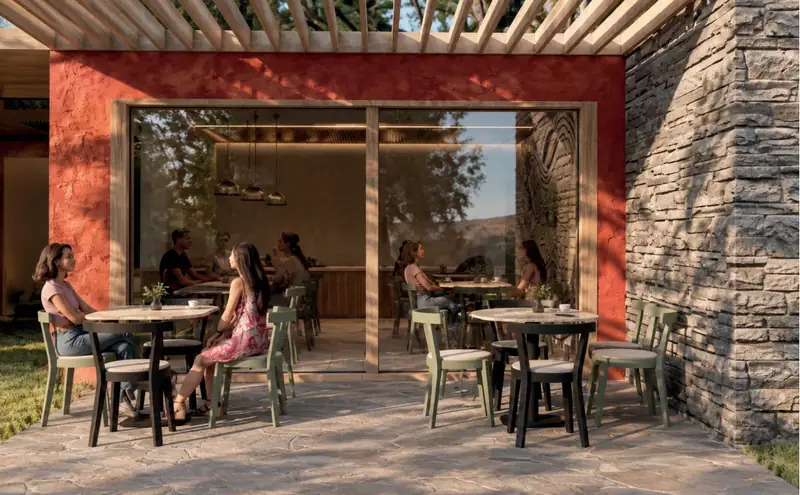 Café terrace with red brick wall