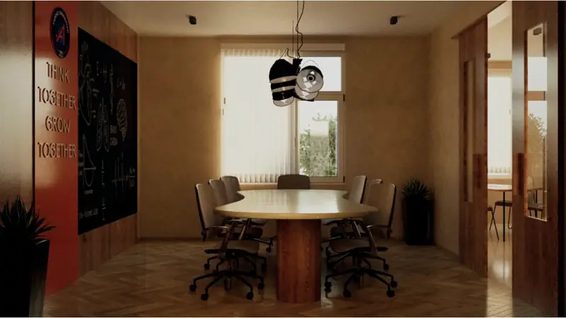 Meeting room with round timber table