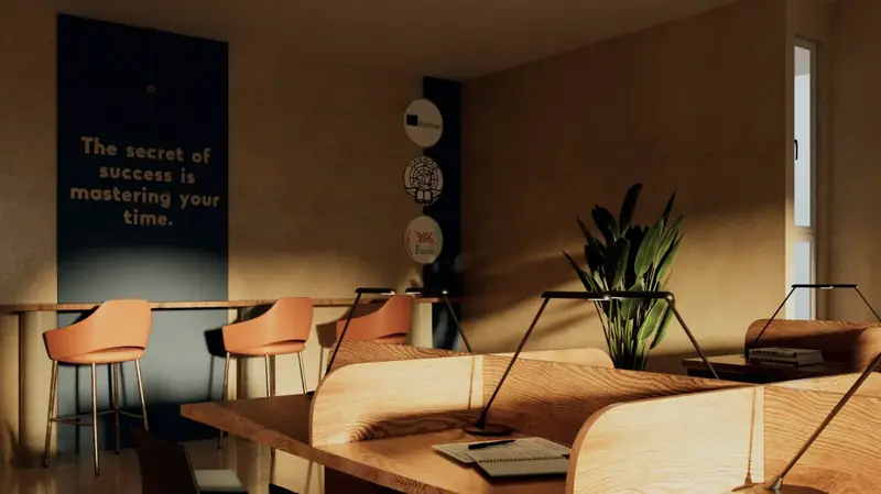 Reading area with orange chairs
