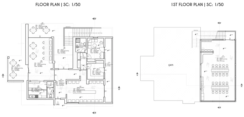 Ground and first floor plans, scale 1/50