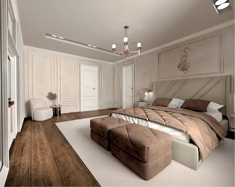 Master bedroom with upholstered headboard