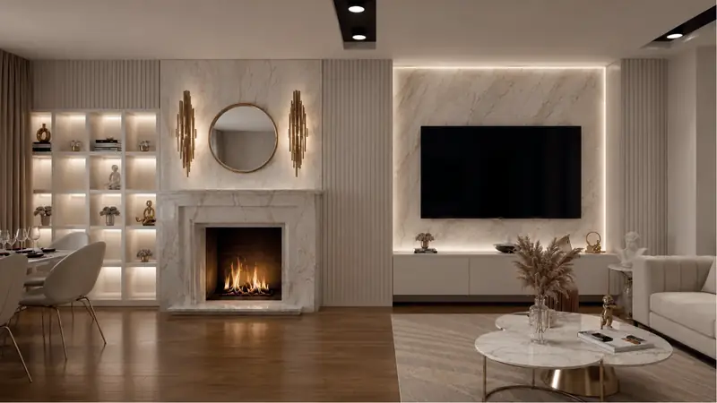 Living room with fireplace and backlit shelving