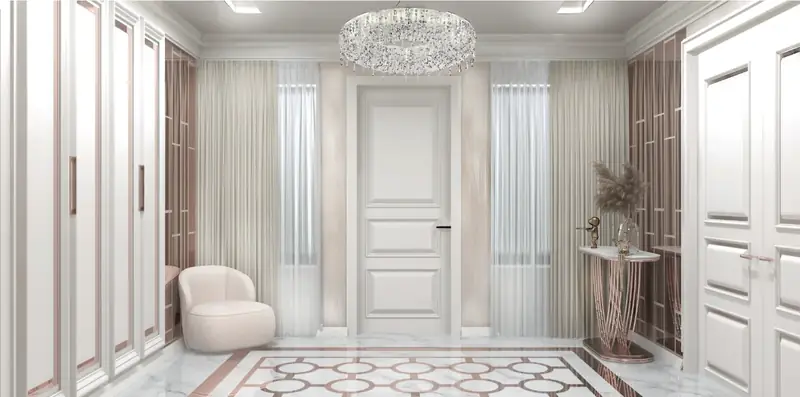 Entrance hall with marble floor and crystal chandelier