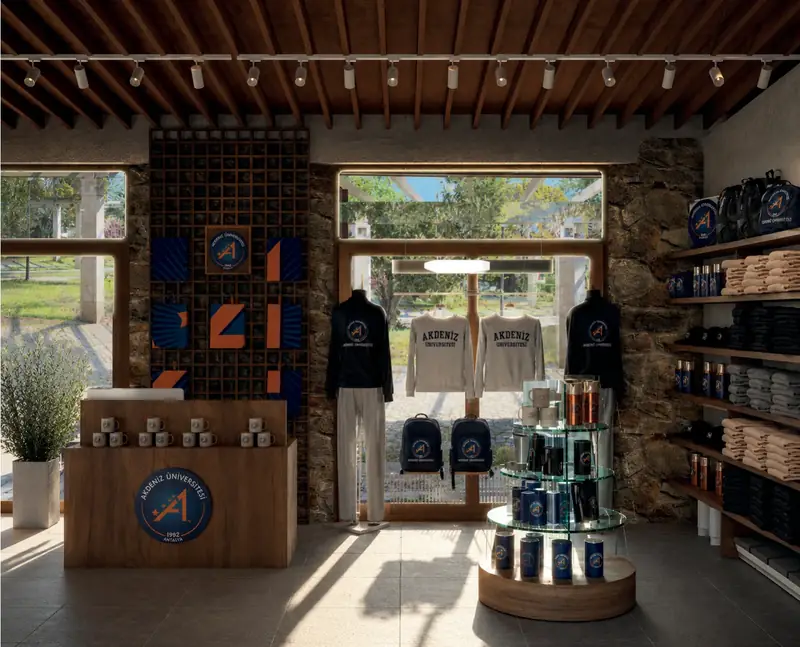 Shop counter with branded merchandise