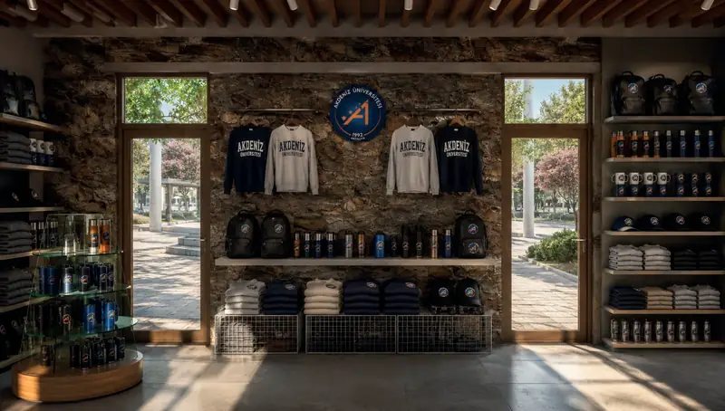 Campus shop interior with stone walls and timber ceiling
