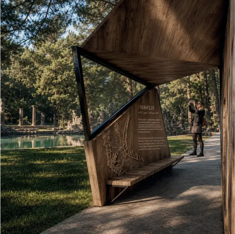 Folded timber pavilion in the pine forest